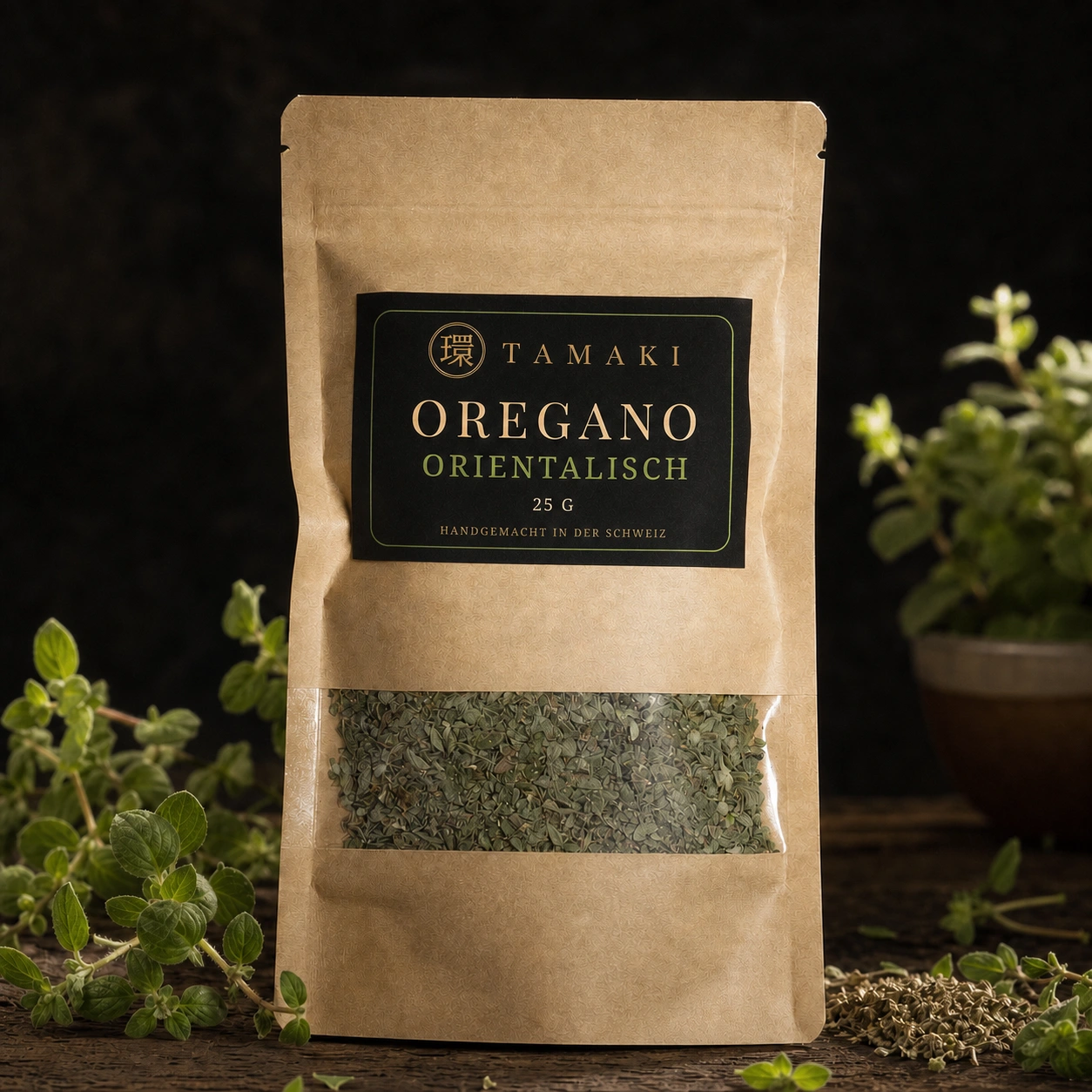 Oregano oriental in a kraft paper pouch with fresh herbs