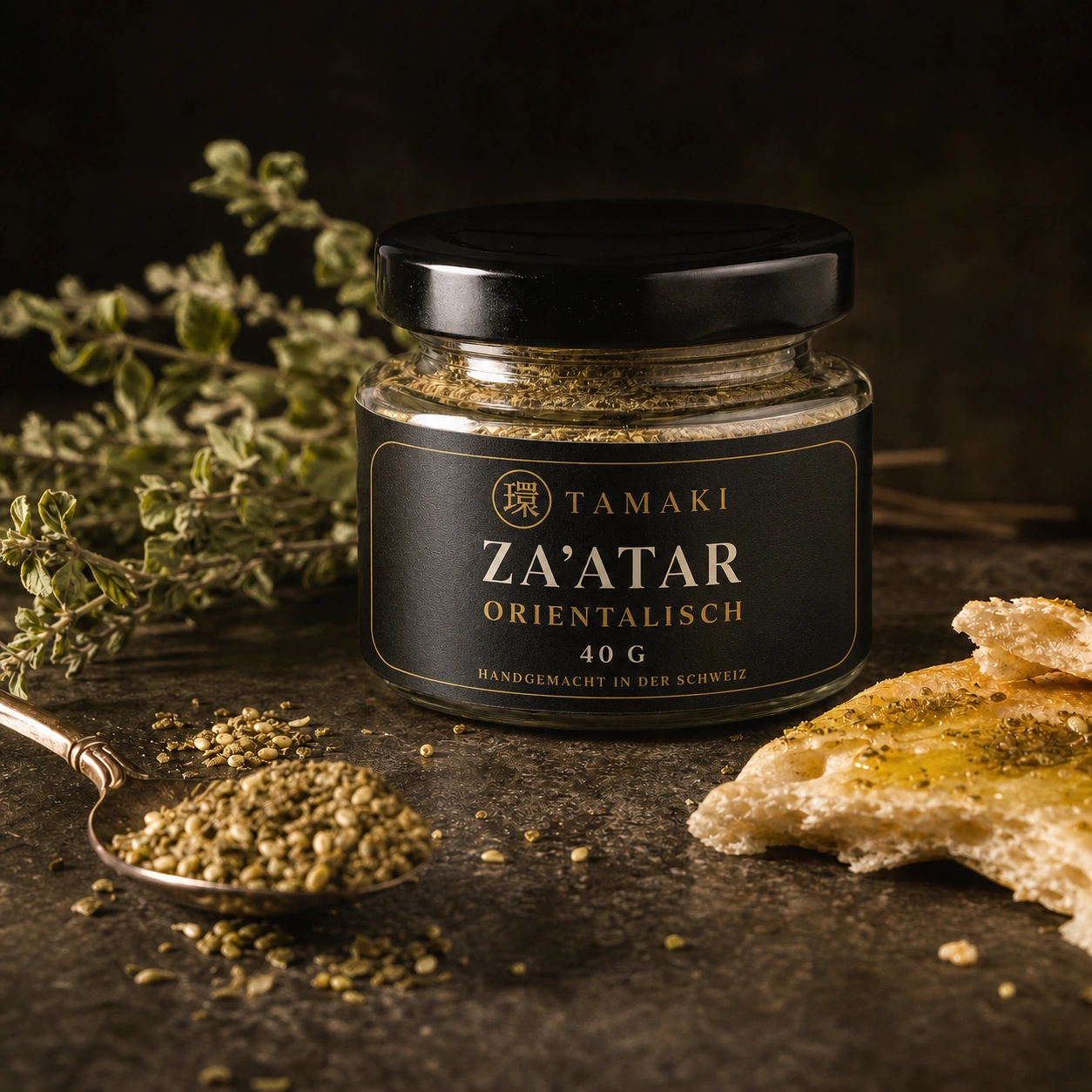 Za'atar oriental in a glass jar with oregano and flatbread